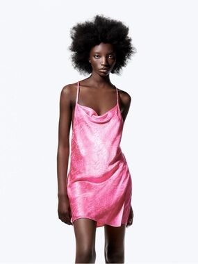 Zara Silky Cowl Neck Pink Slip Dress - pink snake print